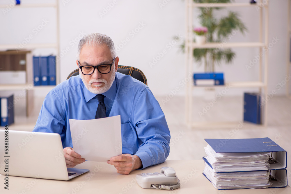 Old male employee working in the office Old male employee working in the office