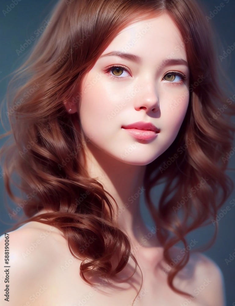 Fototapeta premium AI generated illustration, portrait of a beautiful red-haired woman looking straight ahead. Generative AI technology