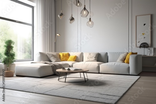 cozy living room with a white sofa and yellow accent pillows. Generative AI