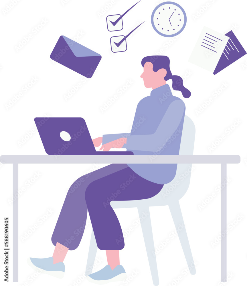 Woman working on laptop at office. Freelance, remote work concept. Vector illustration in flat style Woman working on laptop at office. Freelance, remote work concept. Vector illustration in flat style