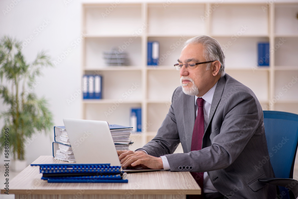 Old male employee working in the office Old male employee working in the office