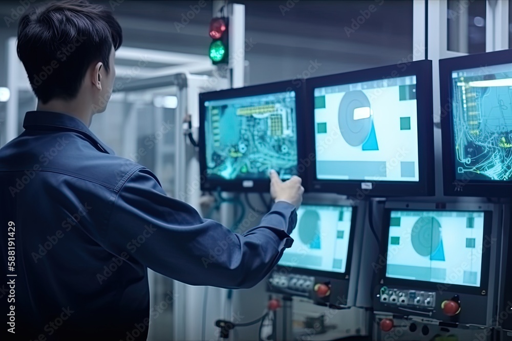 Engineer manager monitors and controls robot arm automation in smart factories in real time monitoring system software, welding robots and digital manufacturing operations Engineer manager monitors and controls robot arm automation in smart factories in real time monitoring system software, welding robots and digital manufacturing operations