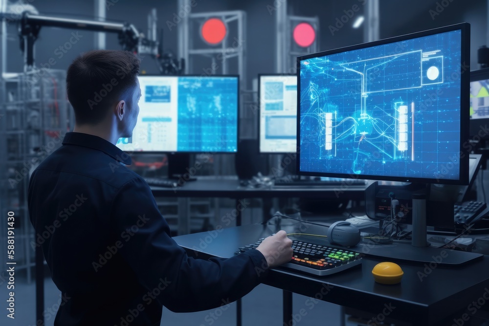 Engineer manager monitors and controls robot arm automation in smart