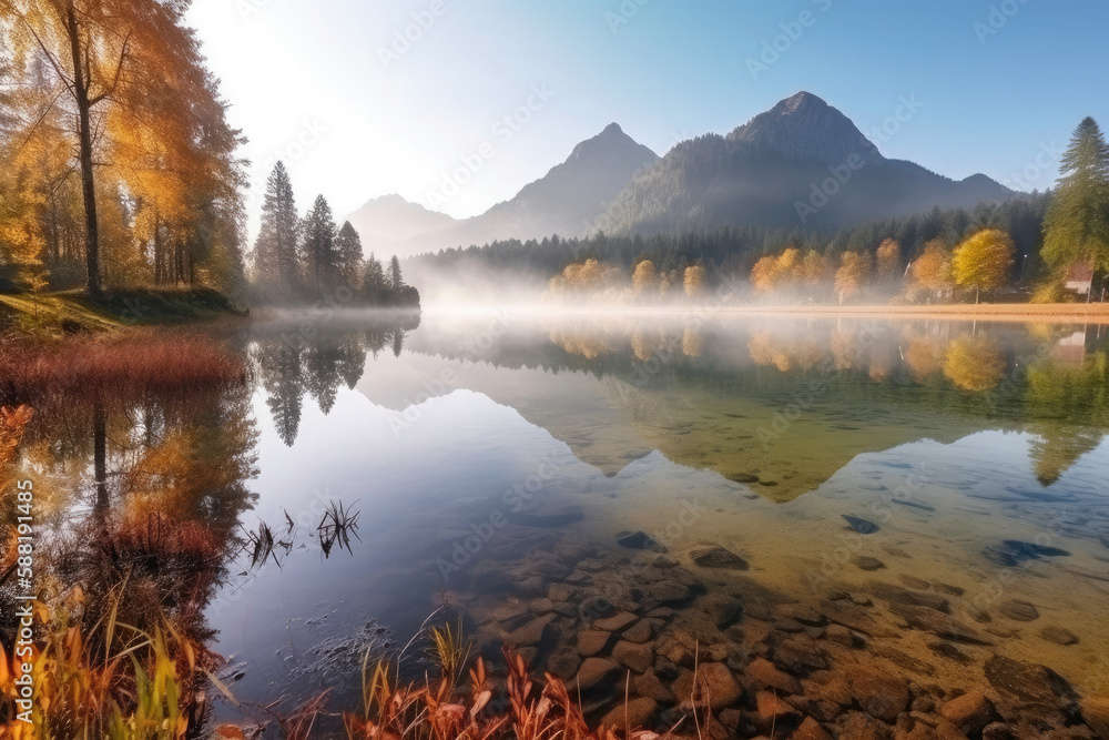 The beautiful autumn scene of the lake Hintersee Colorful morning view of Bavarian Alps on Austrian border, Germany, Europe. Nature beauty concept background The beautiful autumn scene of the lake Hintersee Colorful morning view of Bavarian Alps on Austrian border, Germany, Europe. Nature beauty concept background