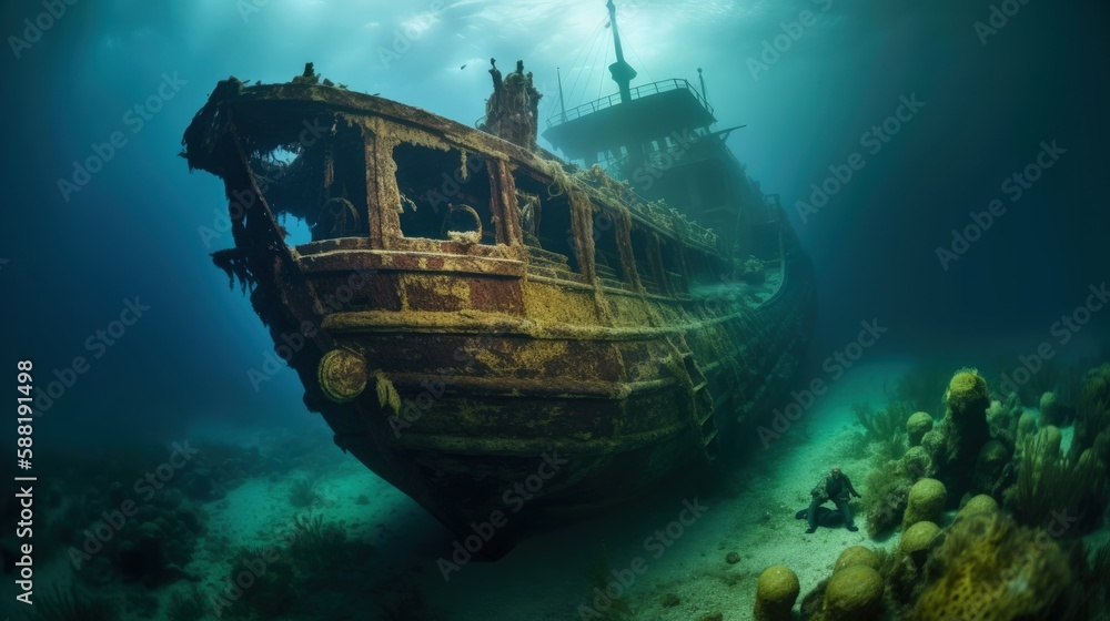 Sunken ship at the bottom of the sea, generative ai Sunken ship at the bottom of the sea, generative ai