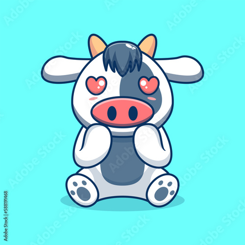 Vector cow sitting shocked cute creative kawaii cartoon mascot