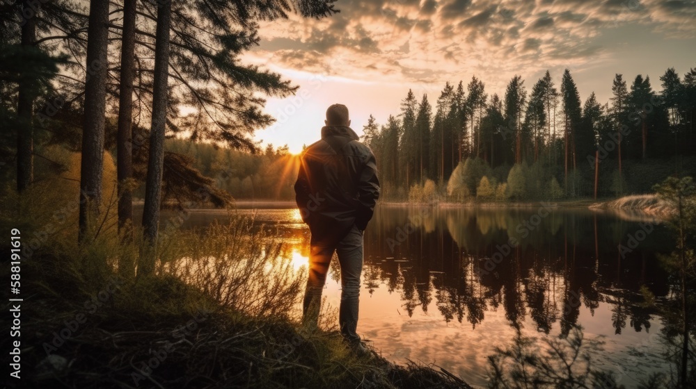 man looking at a lake, relaxing. generative ai