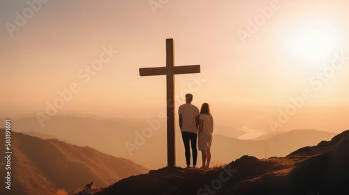 couple looking at the cross of Jesus, christian concept, generative ai