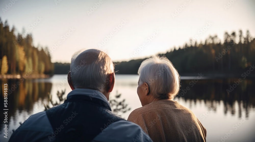 old couple looking at lake, spending time. love. generative ai