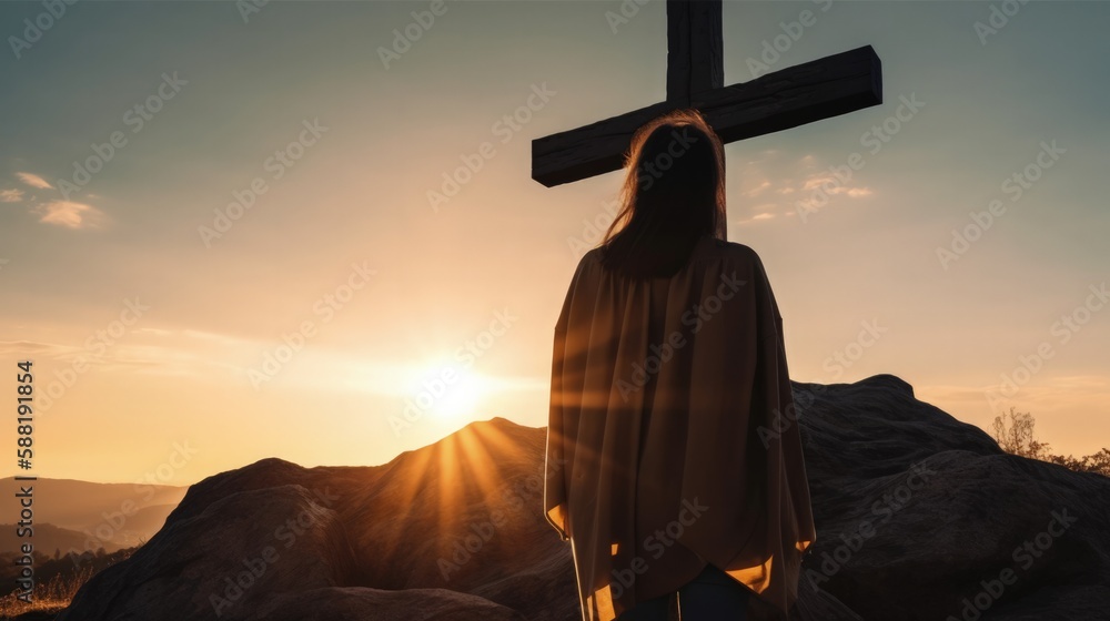 woman looking at the cross of Jesus, christian concept, generative ai
