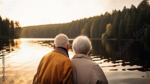 old couple looking at lake, spending time. love. generative ai