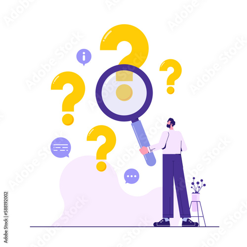 Man holding magnifying glass and looking for answer. Concept of frequently asked questions, query, investigation, search for information
