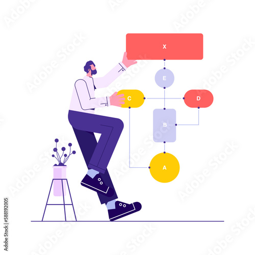 Man manage flow diagram drawn. Concept of workflow process chart or scheme, strategic planning, business system or structure
