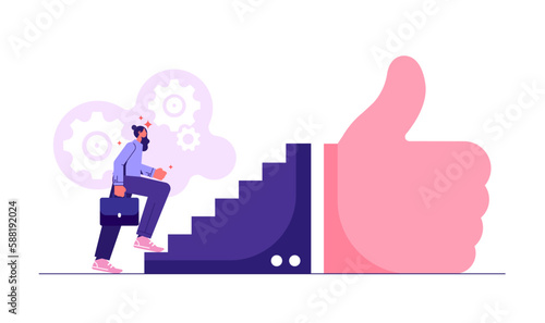Businessman begin to walk up stair to thumb up. Success steps to reach work achievement, stair or ladder of success, step to succeed and reach goal concept