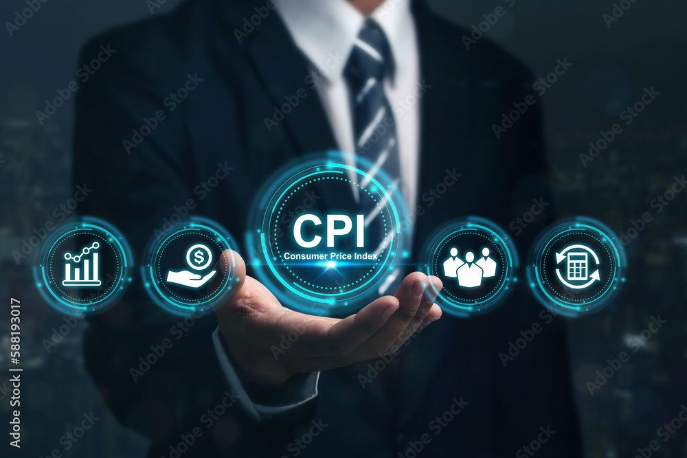 Foto de CPI, consumer price index symbol. Businessman holding circle