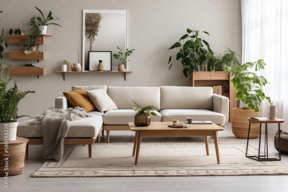 Fototapeta premium cozy living room with plants and furniture. Generative AI