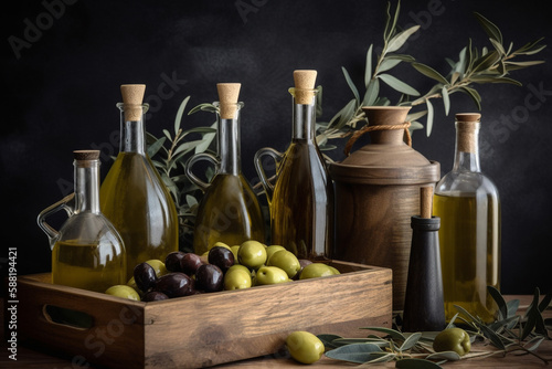Food concept. Set of olives oil various bottles bottles and green and black olives fruits in wooden bowl placed on rural table. Olive tree twigs with leaves in background. Generative AI