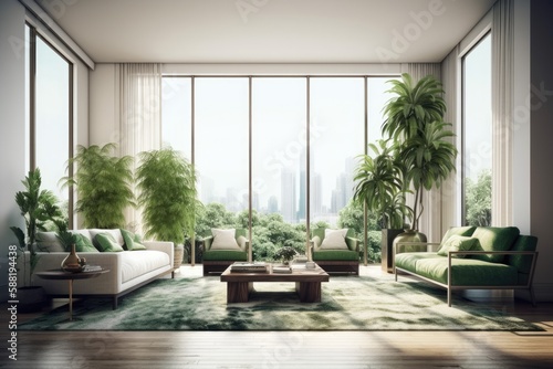 modern living room with lush green furniture and decor. Generative AI