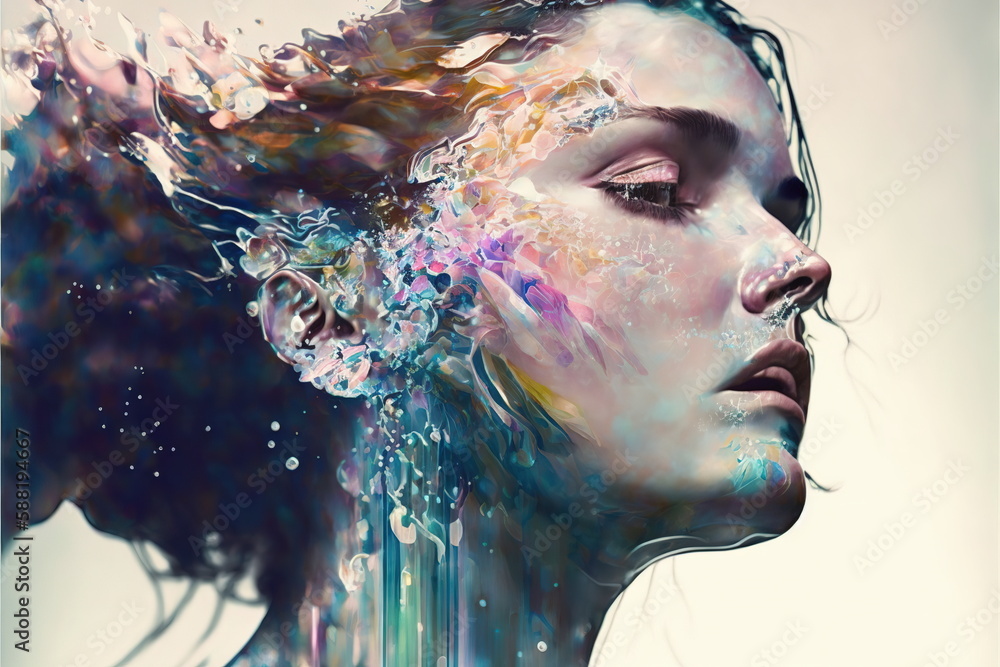Wondrous illustration portrait woman with colorful iridescent exploding ...