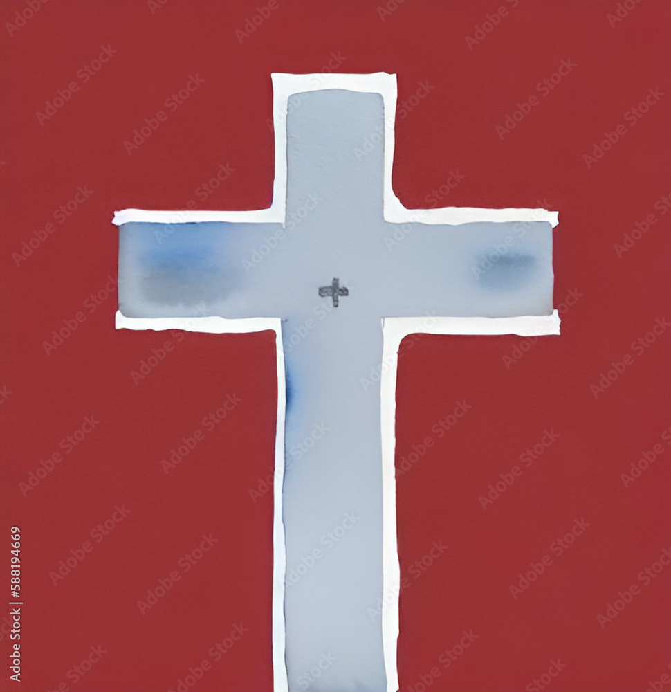blue watercolor cross on a red background