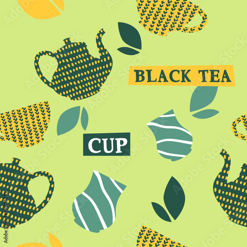 Black tea, pots and cups for hot beverage print