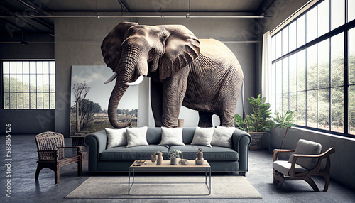 Wohnen modern, Wohnzimmer Einrichtung mit Elefant, Generative AI 