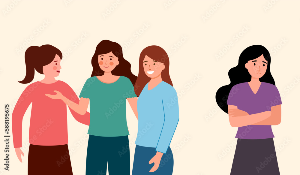 Woman being ignored by her friends in flat design. Teen bullying conflict. Woman being ignored by her friends in flat design. Teen bullying conflict.