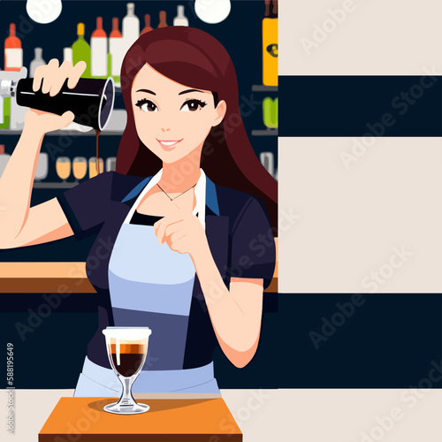 Bartender girl making cocktail at bar counter. Vector illustration.