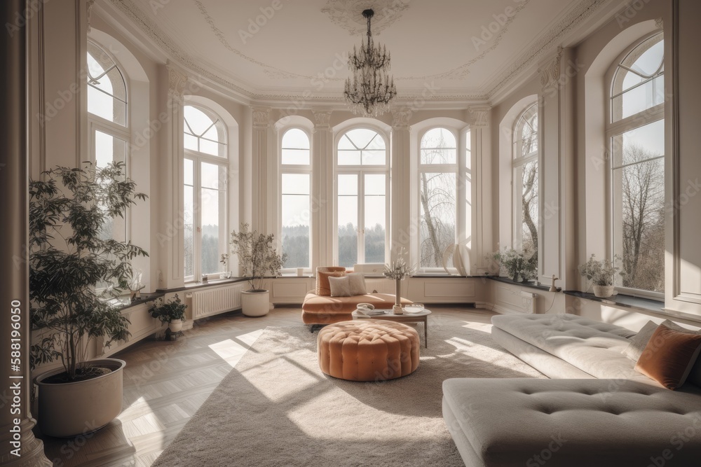 Fototapeta premium Bright and Spacious Living Room with Abundant Natural Light and Cozy Furniture. Generative AI