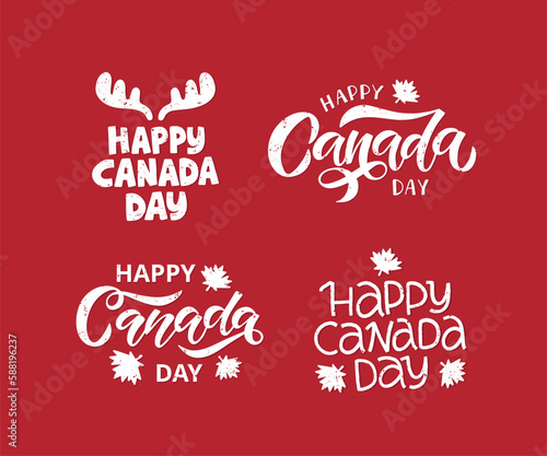 Happy Canada Day holiday vector Illustration set. Hand drawn celebration lettering with maple leaf, deer horns, texture on red background. Design for greeting card, baner, flyer.