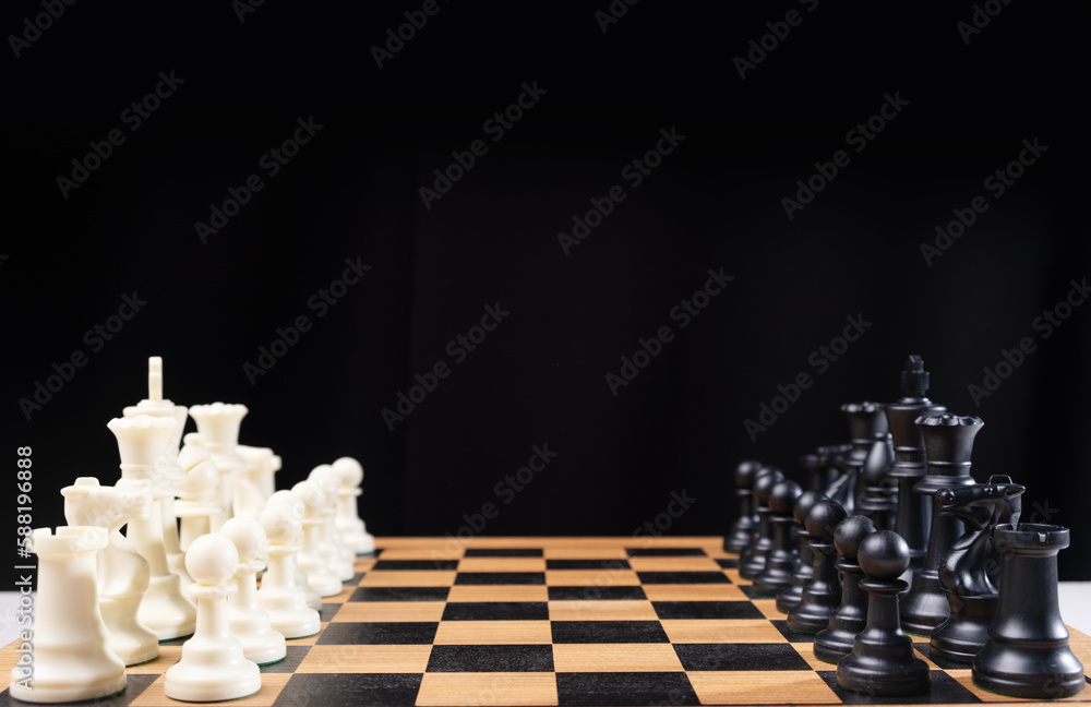 competition and the strategic planning guidelines on the checkmate board. Succeed on black background.