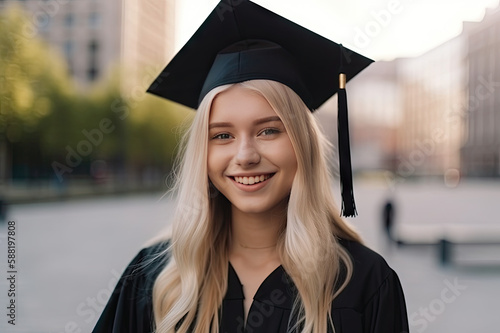 Happy young woman at a graduation ceremony created with Generative AI technology