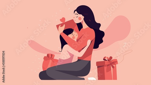 mothers day woman with child and gift created with Generative AI technology