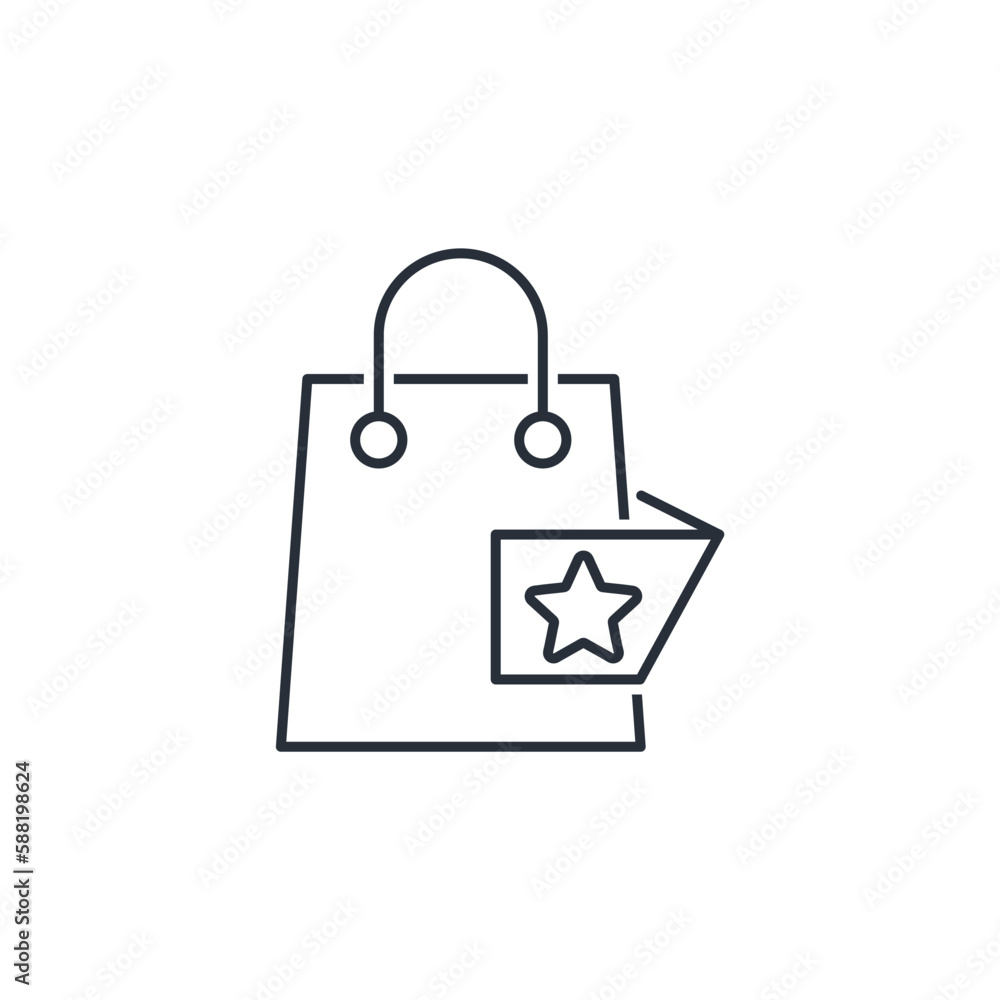 Shopping bag marked with a star. Sell and purchase. Discount. Order concept. Vector linear icon isolated on white background. Shopping bag marked with a star. Sell and purchase. Discount. Order concept. Vector linear icon isolated on white background.