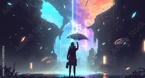 sci-fi scene showing the man holding a magic umbrella destroying futuristic city, digital art style, illustration painting, Generative AI