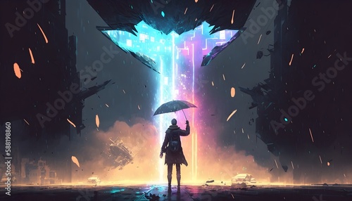 sci-fi scene showing the man holding a magic umbrella destroying futuristic city, digital art style, illustration painting, Generative AI