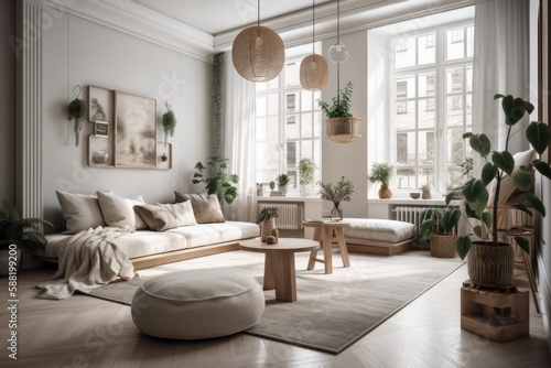 cozy living room with plants and furniture. Generative AI