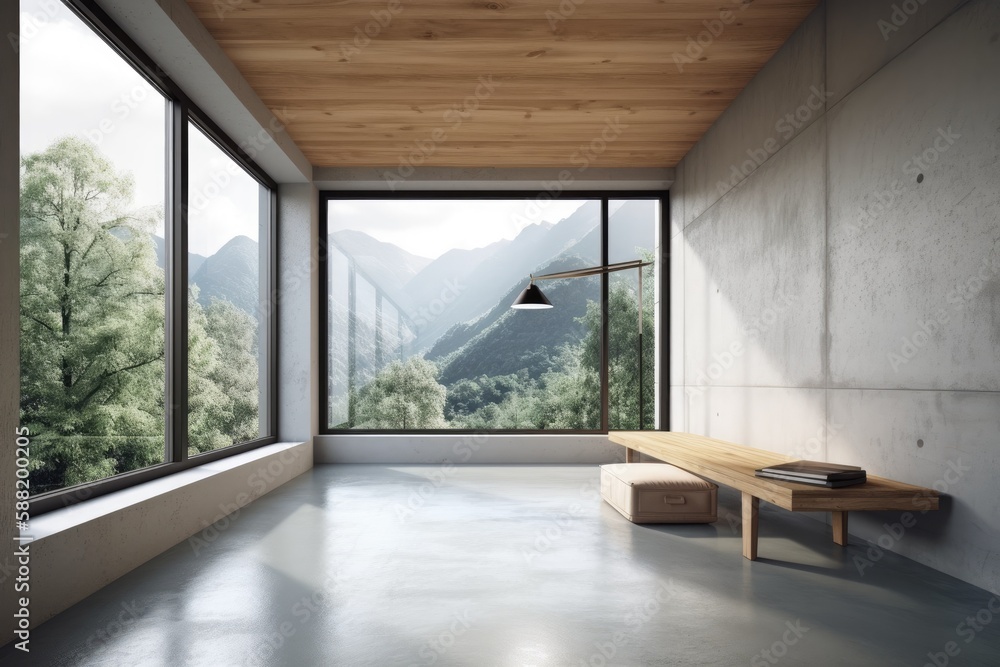 Obraz premium serene and simple room with natural light streaming through a large window and a cozy bench. Generative AI