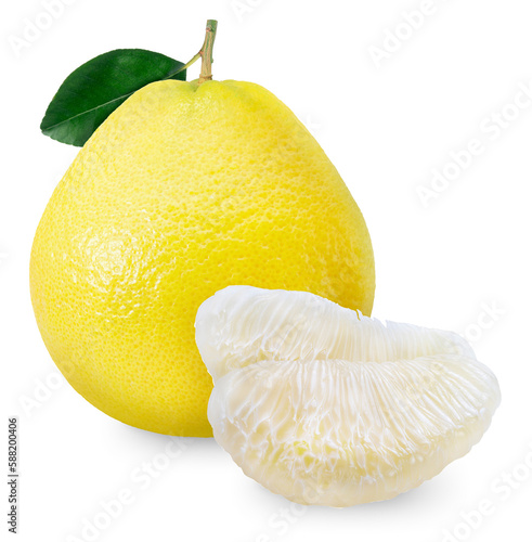 Yellow Pomelo Fruit with leaf or shaddock, Bali lemon, or  grapefruit on Isolate white background with clipping path.