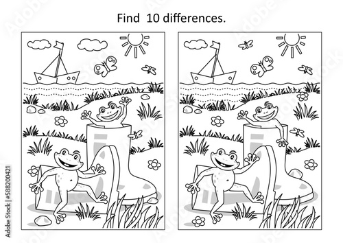 Summer joy difference game picture puzzle and coloring page with gumboots and happy playful frogs
