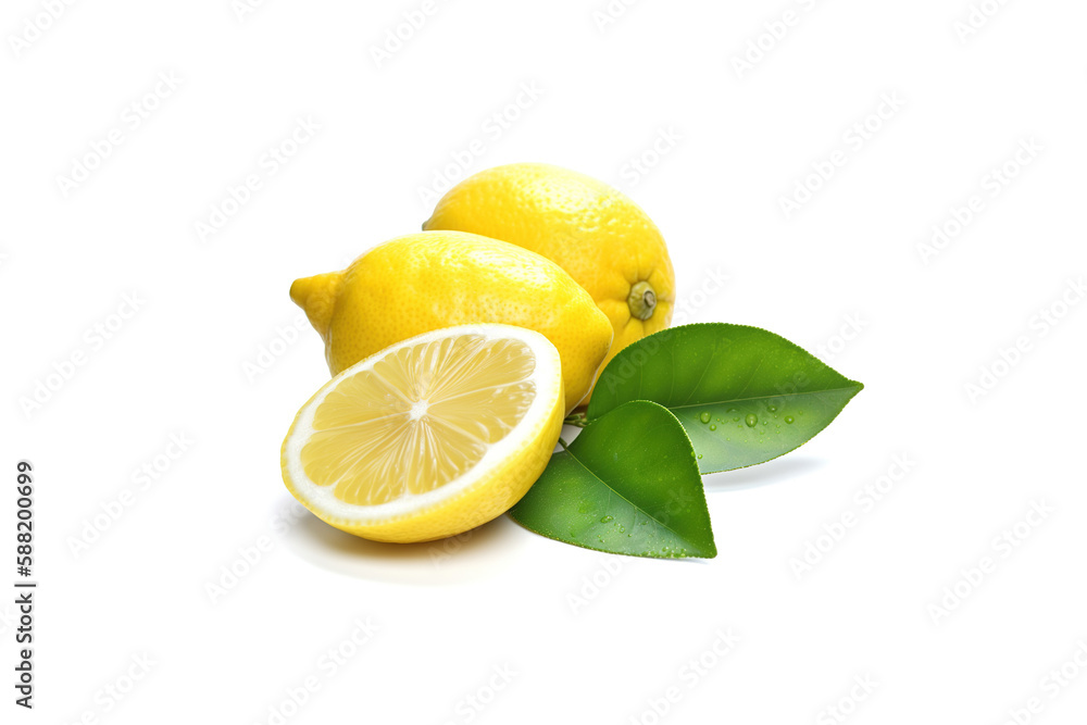 Whole and slice lemon with leaves isolated on white background. Created with Generative AI Technology