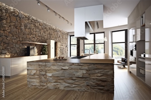 rustic kitchen with stone walls and wooden floors. Generative AI