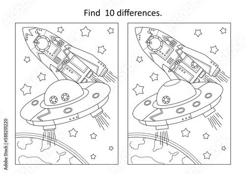 Space exploration difference game with UFO and spaceship near the Earth
