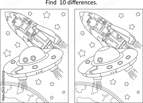 Space exploration difference game with UFO and spaceship near the Earth
