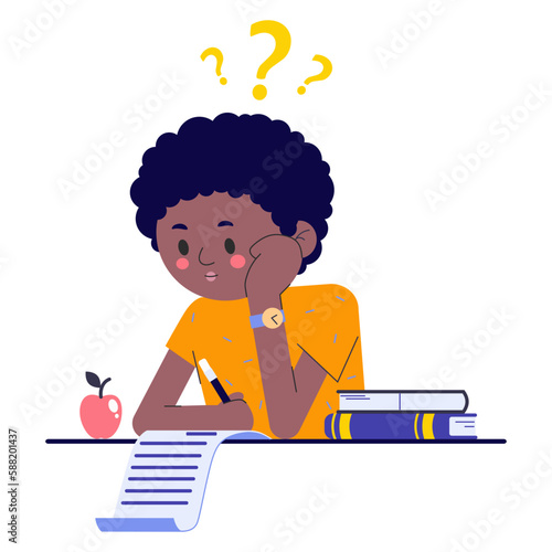 Boy on school exam. Kid study and think about test or homework in class. Pupil confused how to do survay on blank. Vector illustration about child education