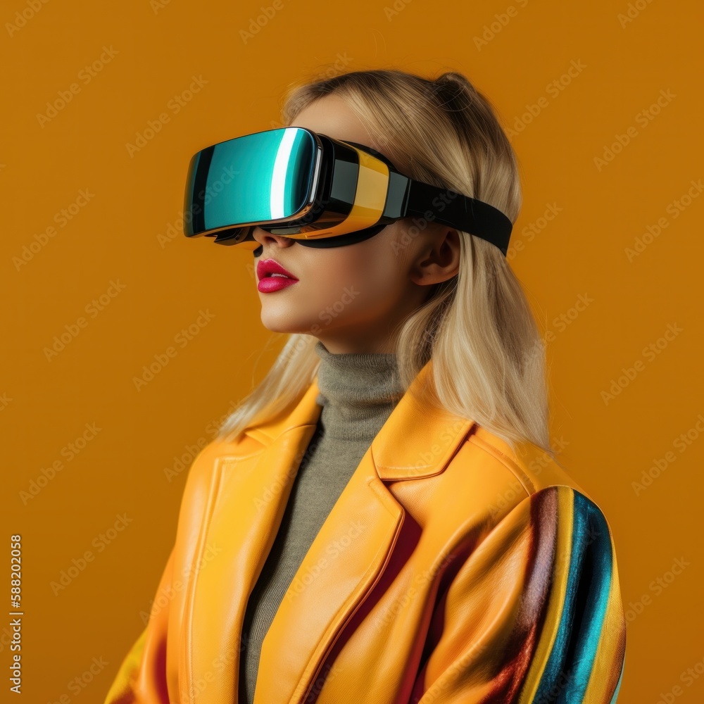 Photo of a stylish woman in a yellow jacket exploring virtual reality with her VR glasses created with Generative AI technology Photo of a stylish woman in a yellow jacket exploring virtual reality with her VR glasses created with Generative AI technology