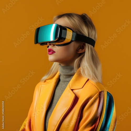 Photo of a stylish woman in a yellow jacket exploring virtual reality with her VR glasses created with Generative AI technology