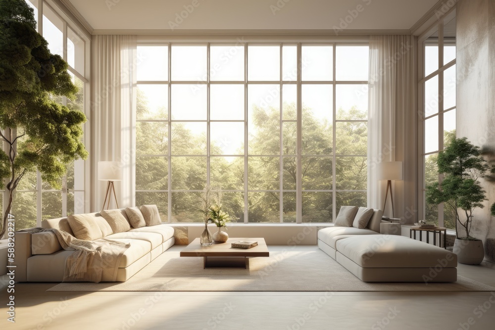 cozy living room with natural light streaming in through large windows. Generative AI cozy living room with natural light streaming in through large windows. Generative AI