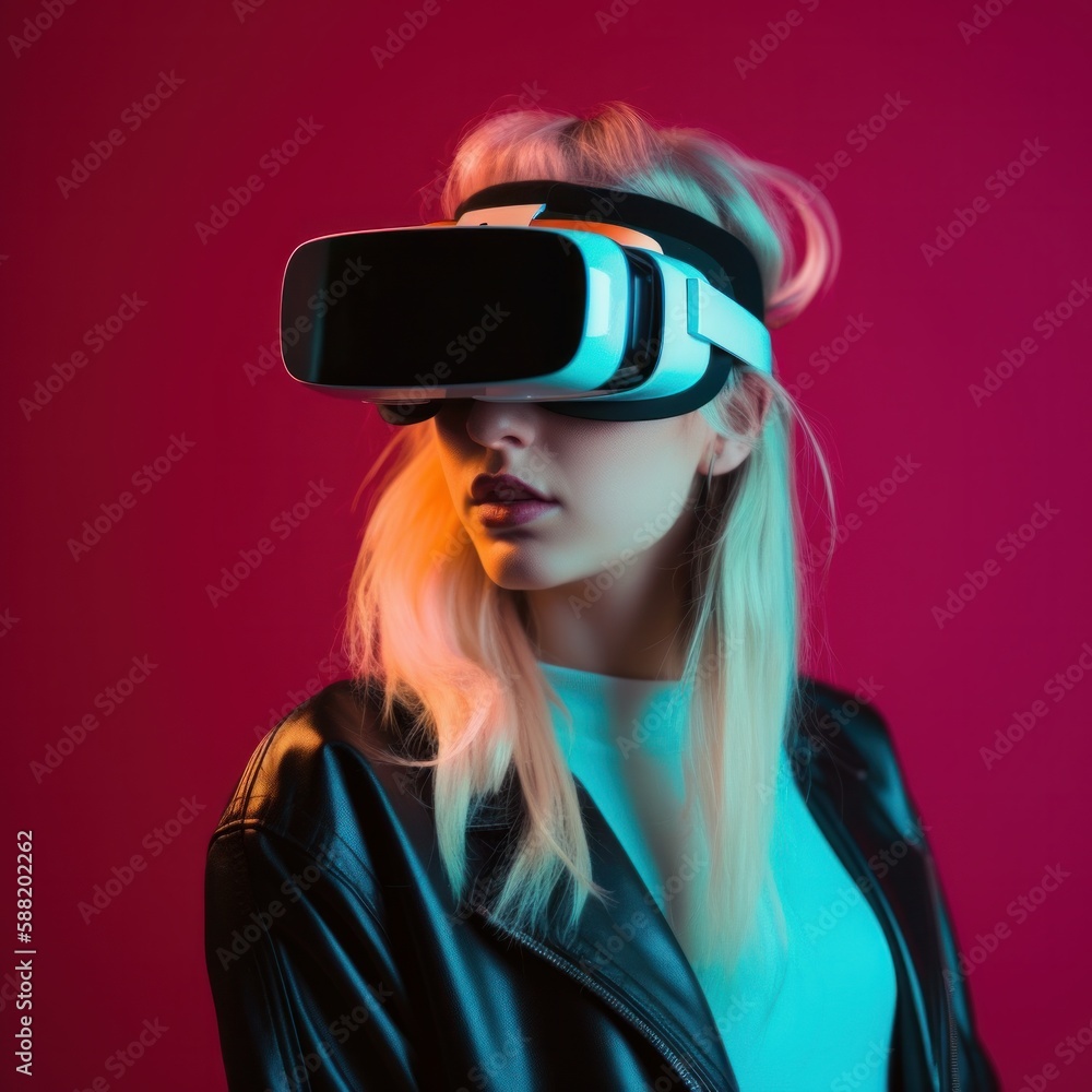 Photo of a woman immersed in a virtual reality experience wearing a headset created with Generative AI technology Photo of a woman immersed in a virtual reality experience wearing a headset created with Generative AI technology