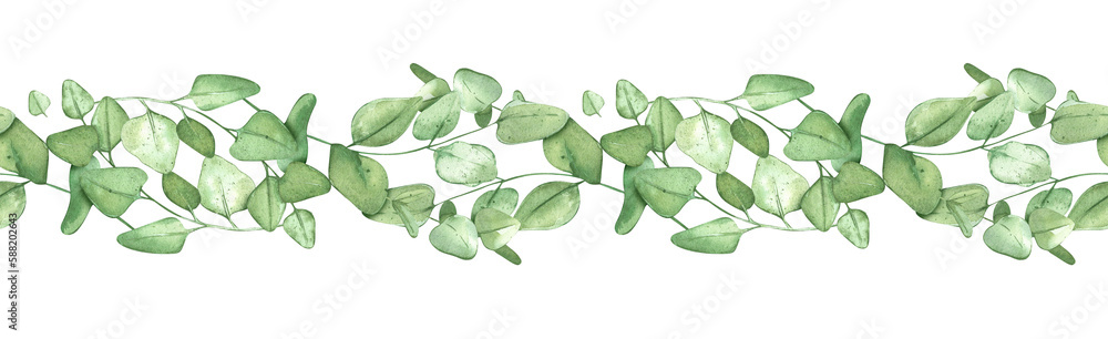 Green eucalyptus border. Green frame for rustic background. Horizontal template for a banner or wedding invitation. Watercolor isolated botanical illustration with plants.